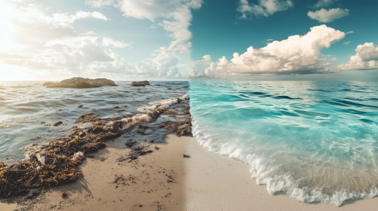 汚染された海と澄んだ海の対比