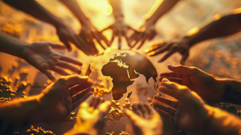 A group of people are holding hands around a globe