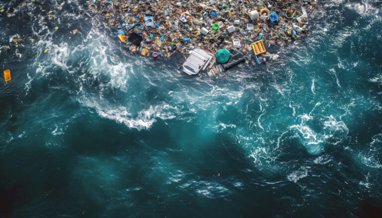 Various rubbish and garbage, mostly plastic floating on sea surface. View from above. Ocean great garbage patch concept. Generative AI