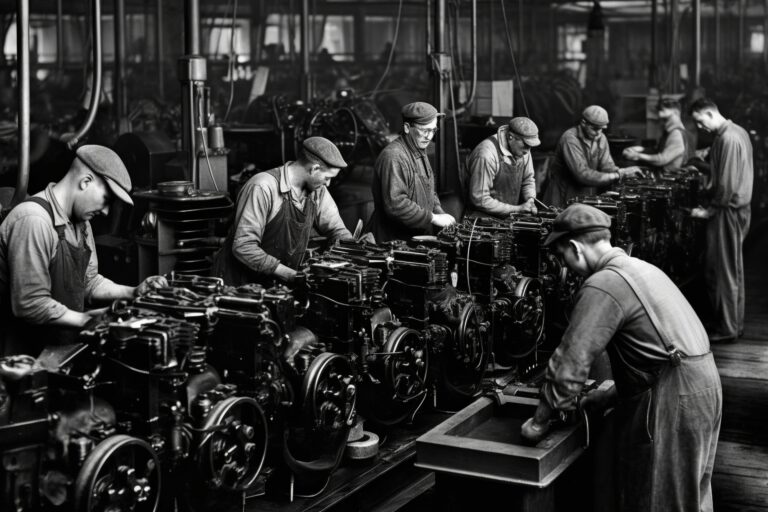 Assembly line, capturing engineering ingenuity and the spirit of the Second Industrial Revolution. generative ai